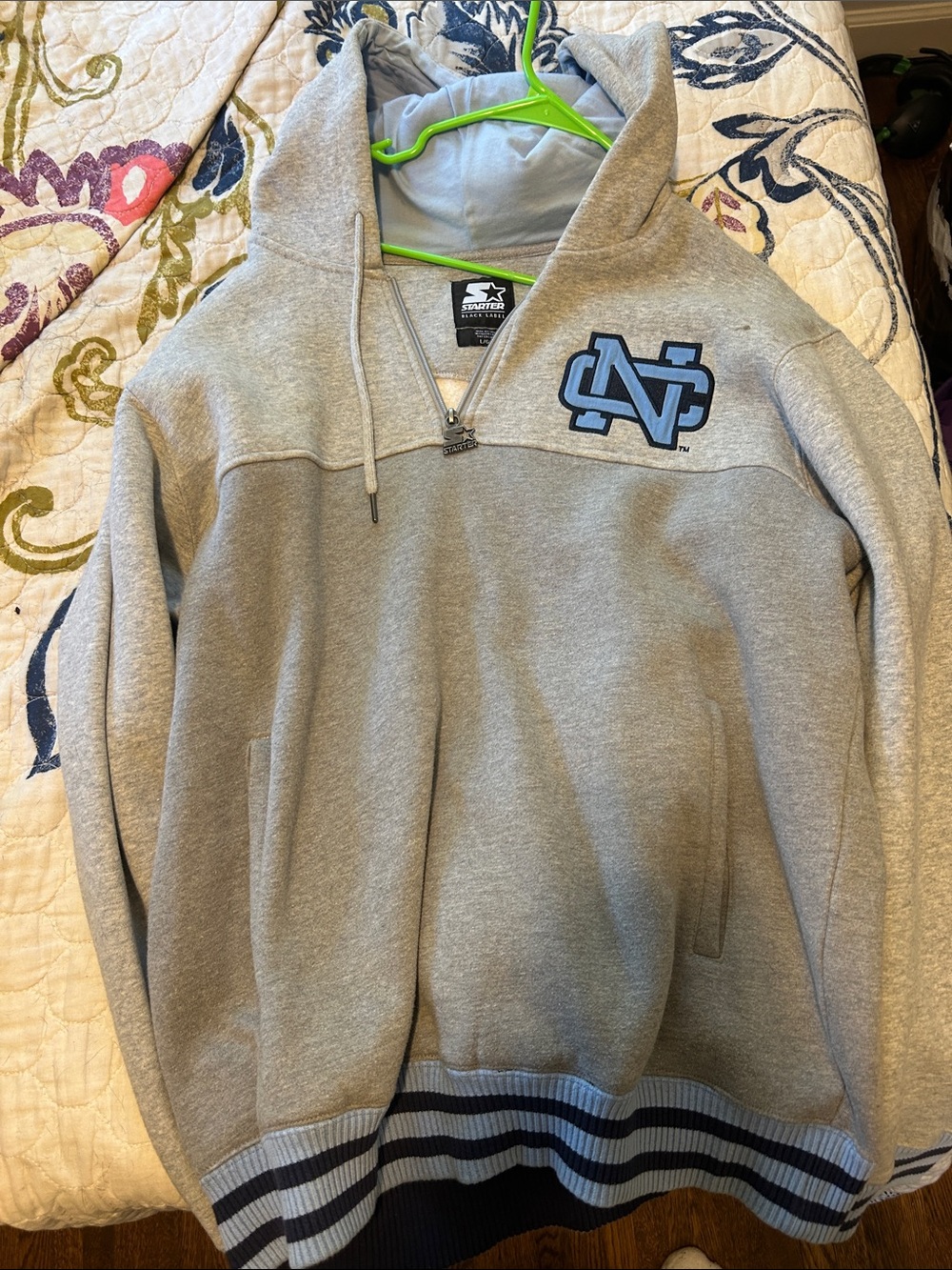 STARTER Gray Hooded Quarter-Zip Sweater with Light Blue Logo